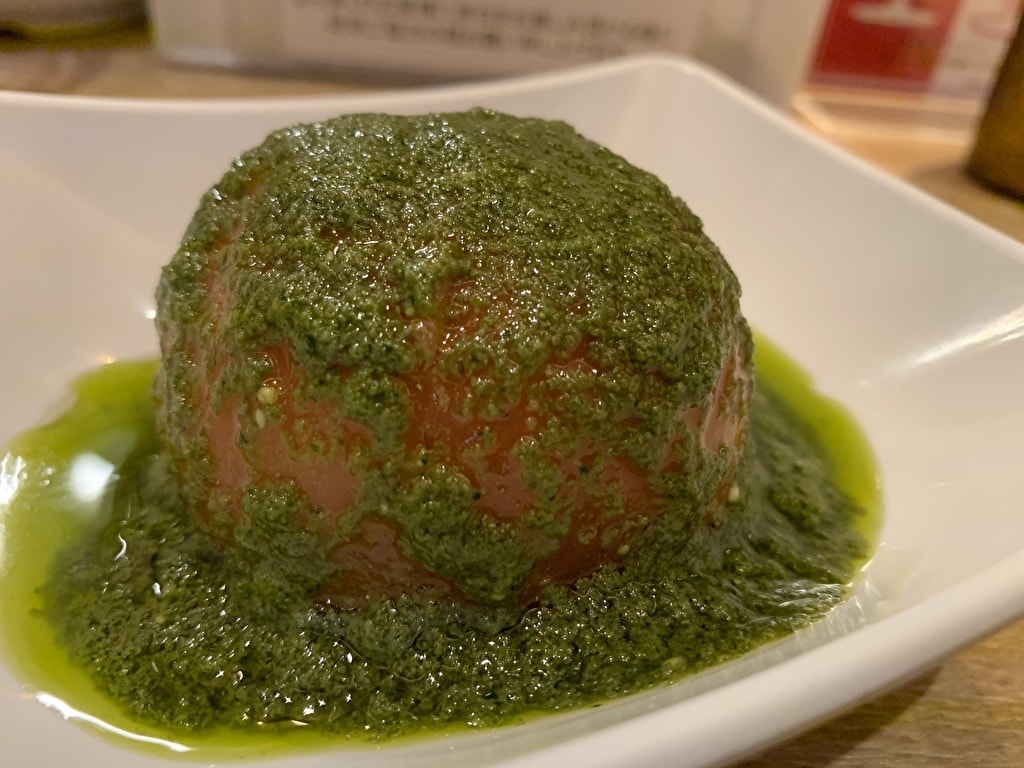 赤白新大阪店の仔羊の丸ごとトマトあっさりコンソメ煮ジェノヴェーゼソース