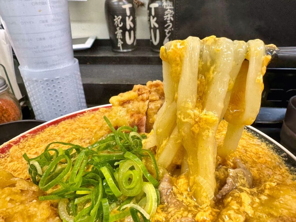 極楽うどんTKUの鶏天鶏卵カレーうどん中盛ご飯付き 麺