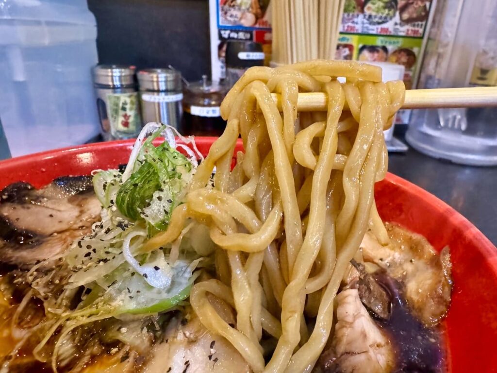 麺家いろは 京都駅ビル店の富山ブラック肉盛り 麺